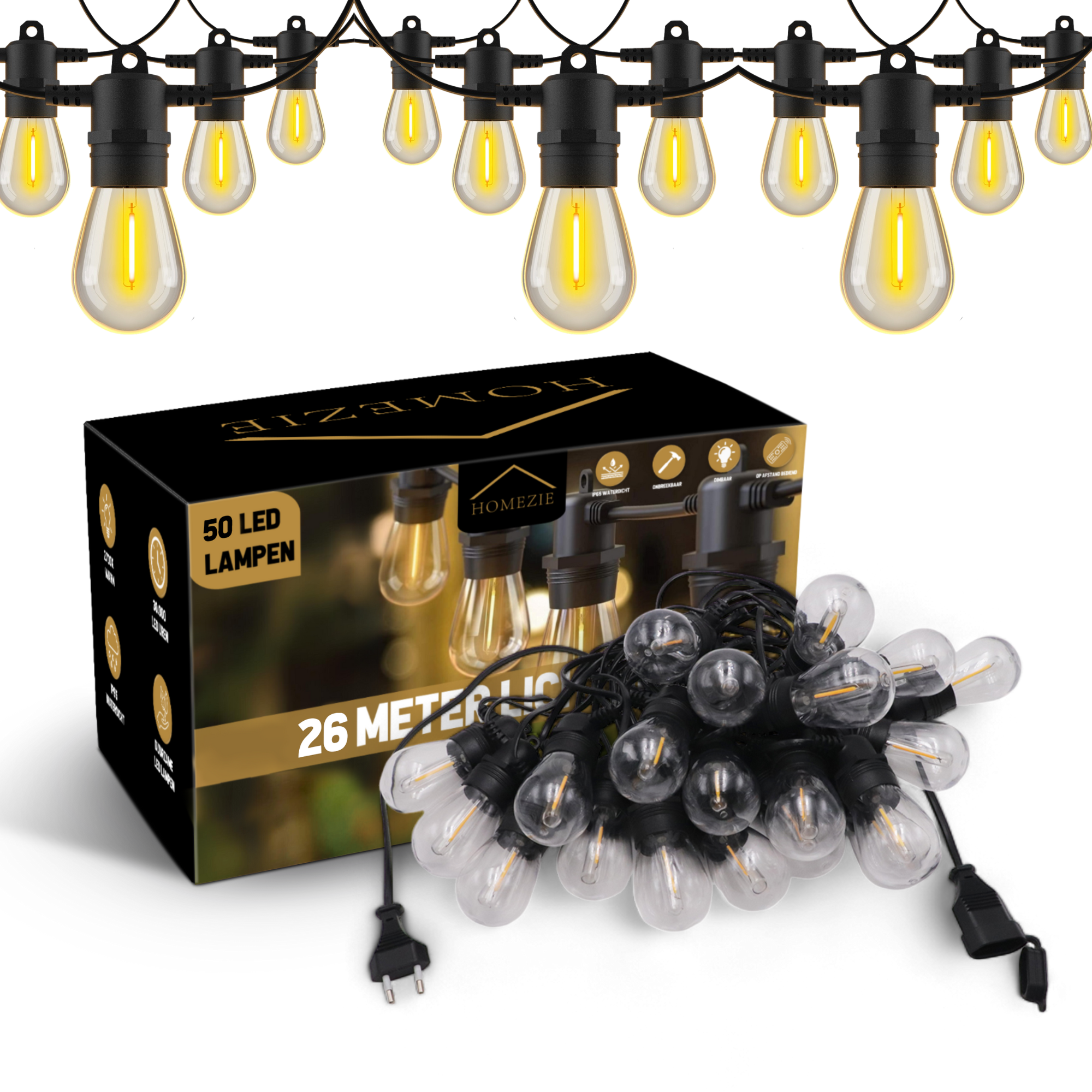 Homezie® Lichtsnoer | IP65 Waterdicht | Kunststof S14 LED lampen | Warm wit | Koppelbaar & Dimbaar | Meerdere lengtes verkrijgbaar