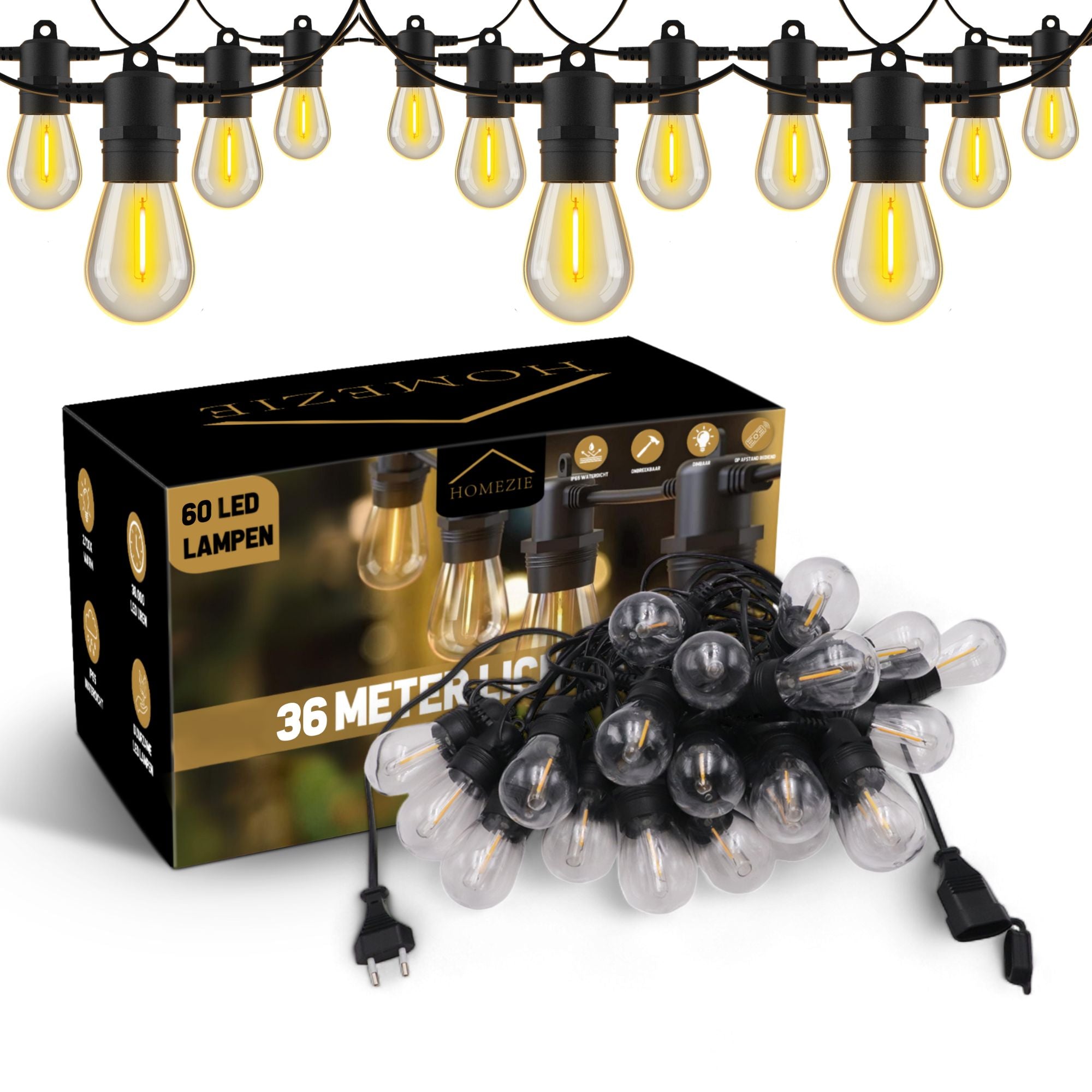 Homezie® Lichtsnoer | IP65 Waterdicht | Kunststof S14 LED lampen | Warm wit | Koppelbaar & Dimbaar | Meerdere lengtes verkrijgbaar