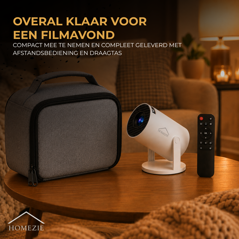 Homezie Beamer | Streamen vanaf je telefoon | 8K steun| 720P | WiFi, HDMI, Bluetooth | Android 14.0 | Inclusief opbergtas | Mini beamer