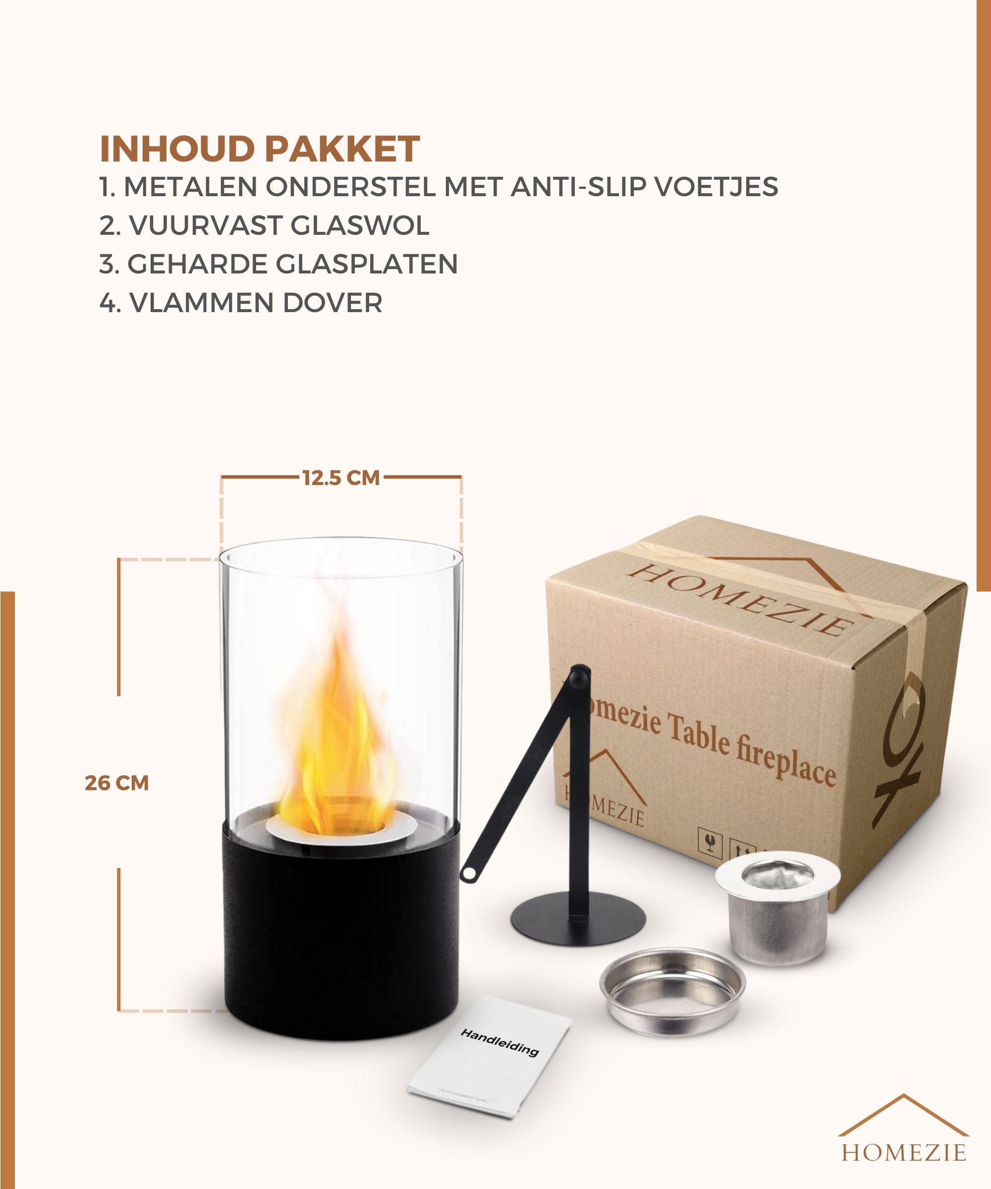 Homezie® Tafelhaard | Rond zwart | Voor binnen & buiten | Met vuurdover | Bio ethanol sfeerhaard