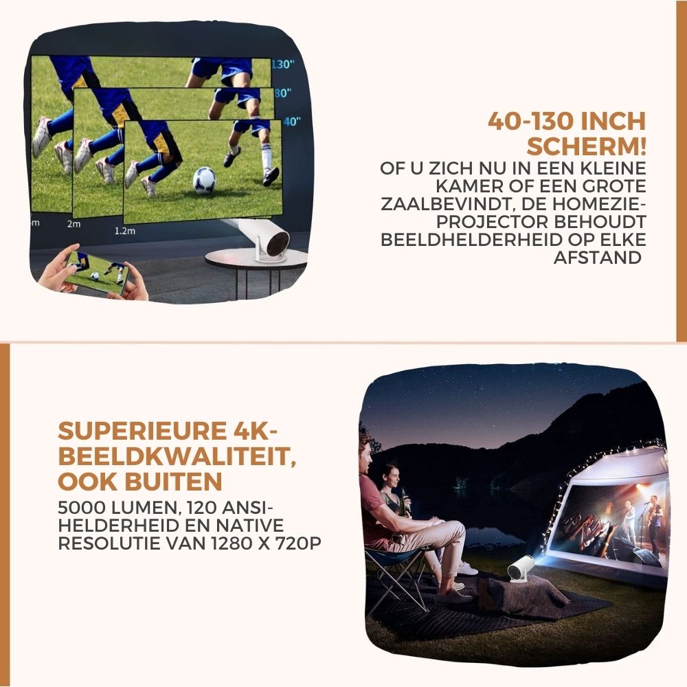Homezie® Beamer | SPRING SALE | Gratis Lens cover & HDMI kabel | Streamen vanaf je iPhone of Android telefoon | WiFi, HDMI, Bluetooth | 4K support | Projector