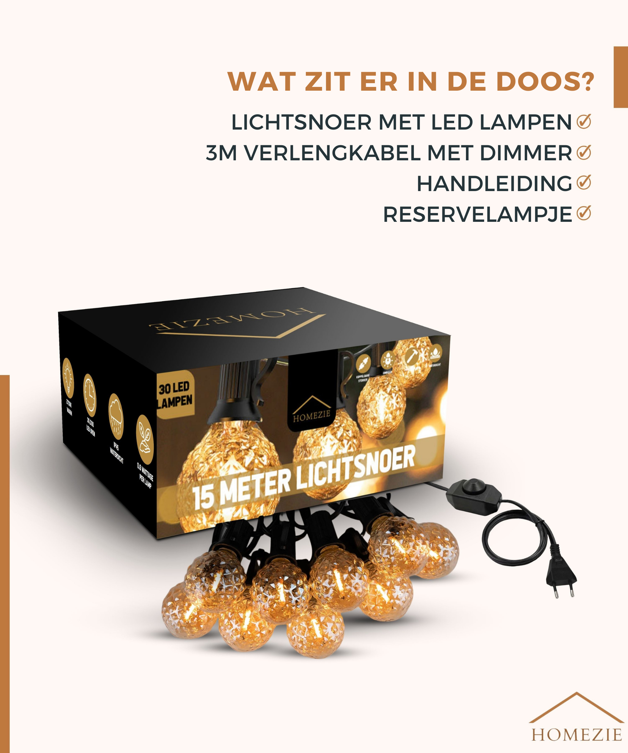 Homezie® Lichtsnoer 15 meter met 30 LED bulbs | Warm wit | Koppelbaar & Dimbaar