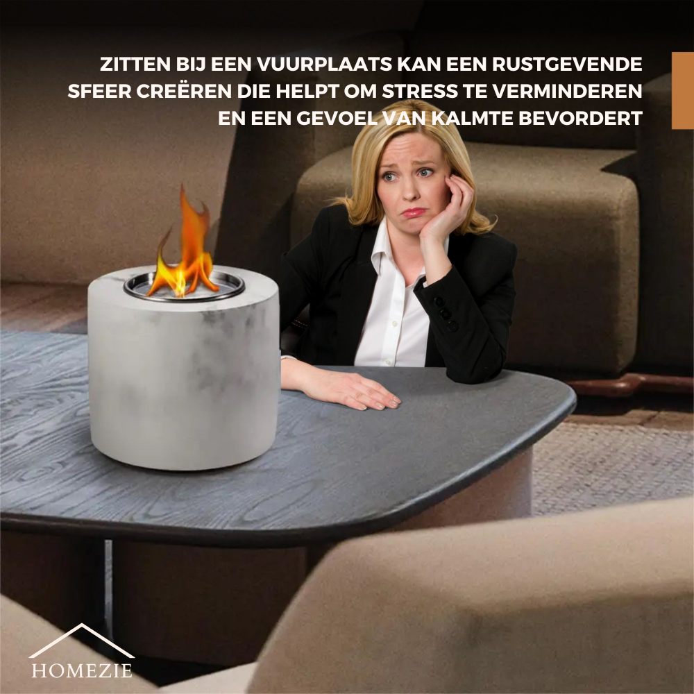 Homezie® Tafelhaard | Voor binnen & buiten | Rond marble grijs | Sfeerhaard | Bio ethanol haard
