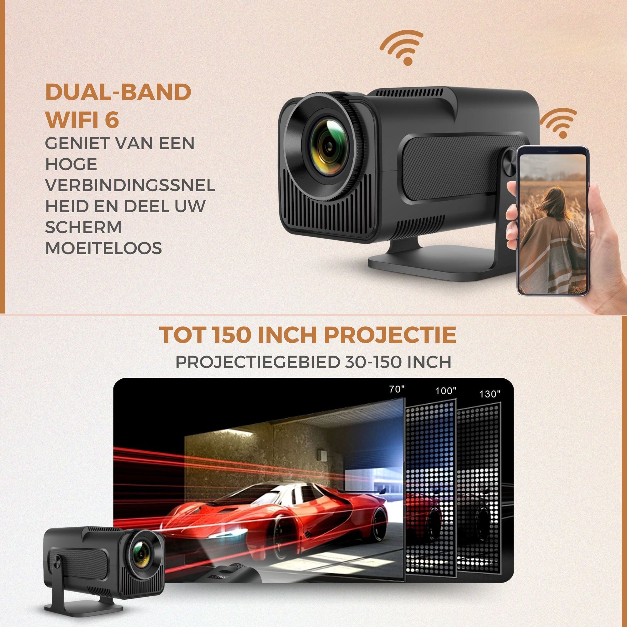 Homezie Beamer | 1080P | Inclusief HDMI kabel & Afstandsbediening | Scherm Spiegelen vanaf iPhone & Android | Keystone correctie | 4K support | Projector