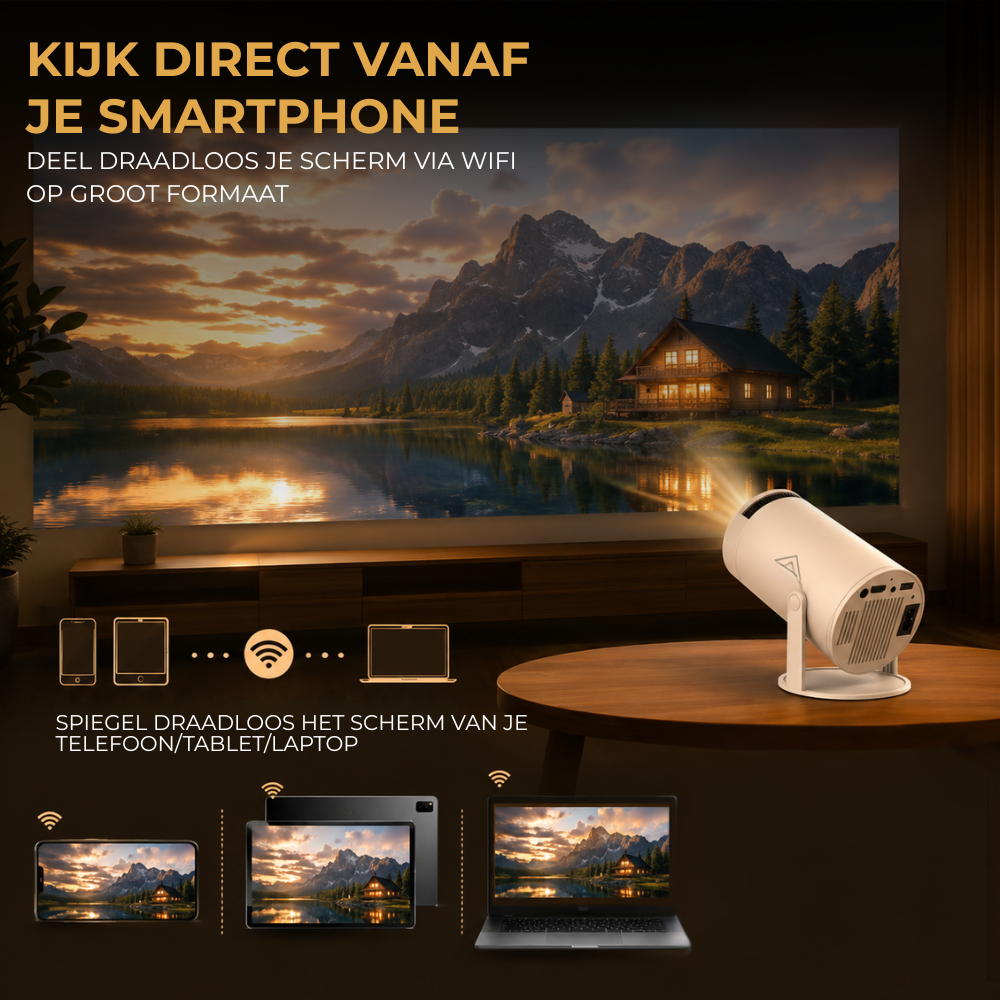 Homezie Beamer | Streamen vanaf je telefoon | 8K steun| 720P | WiFi, HDMI, Bluetooth | Android 14.0 | Inclusief opbergtas | Mini beamer