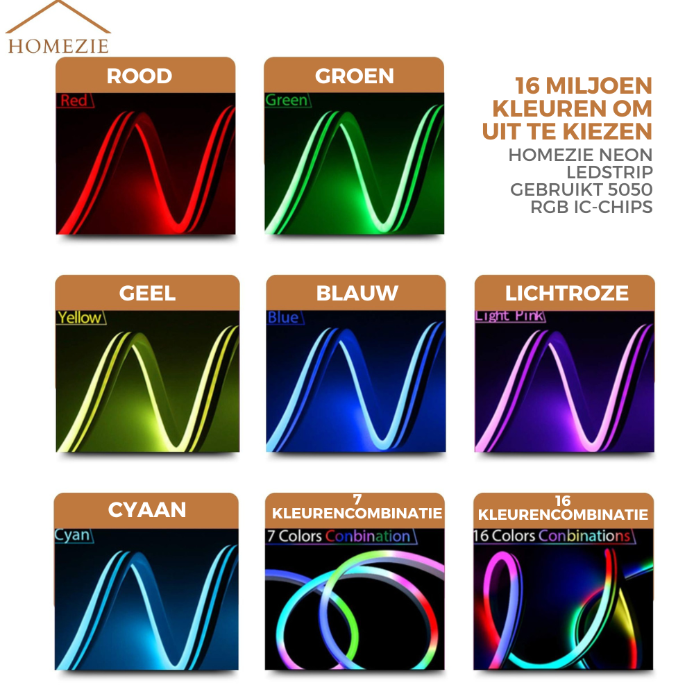 Homezie® LED Strip - Neon RGB - 3 meter - IP67 Waterproof - Bluetooth App control & Afstandsbediening