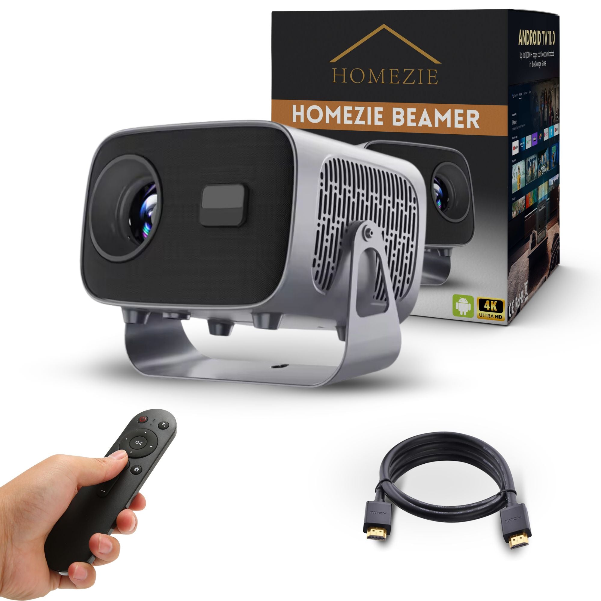 Homezie Beamer | Inclusief HDMI kabel & Afstandsbediening | Scherm Spiegelen vanaf iPhone & Android | Keystone correctie | 4K support | Projector