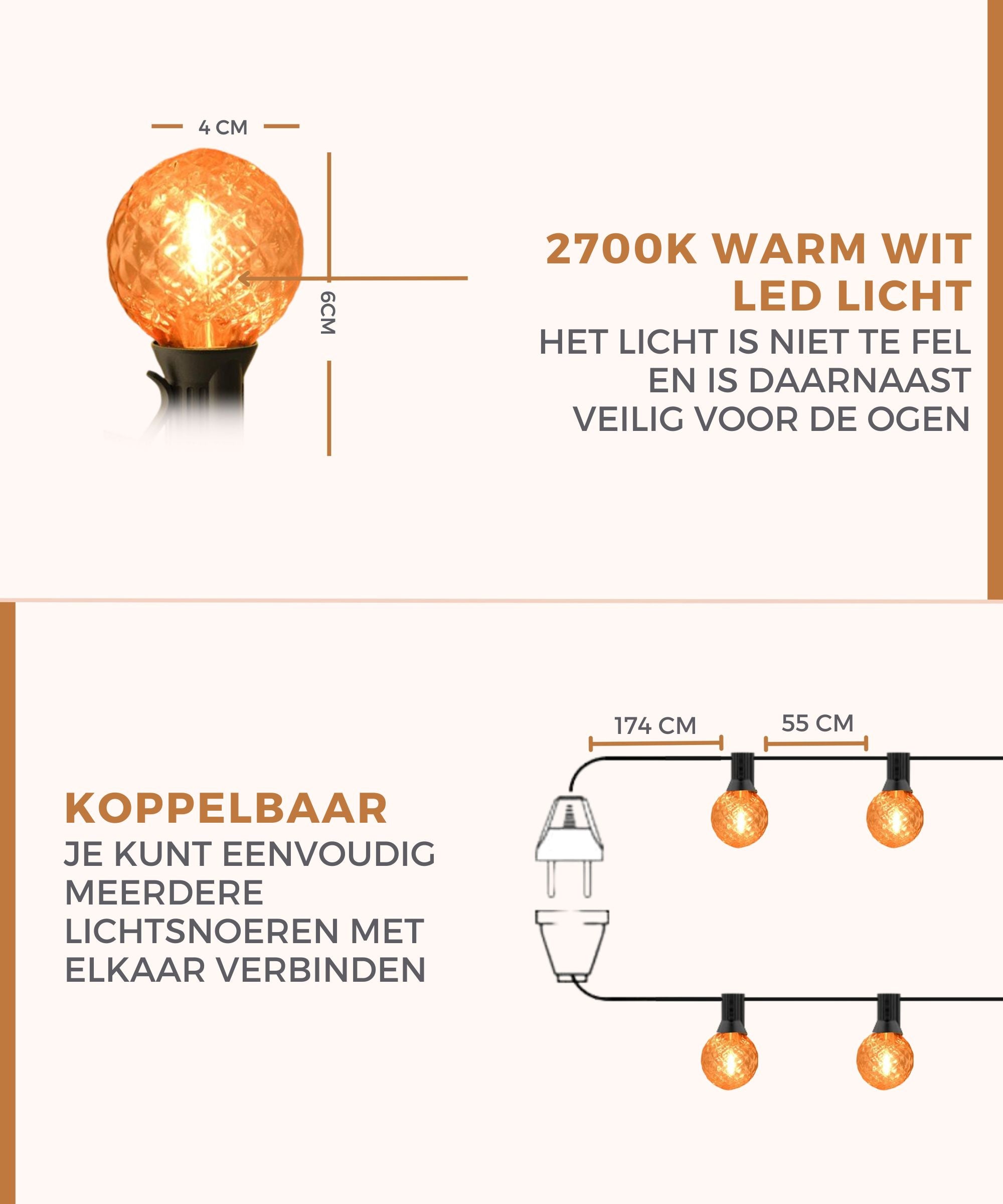 Homezie® Lichtsnoer 15 meter met 30 LED bulbs | Uniek design | IP44 Spatwaterdicht | Warm wit | Koppelbaar & Dimbaar