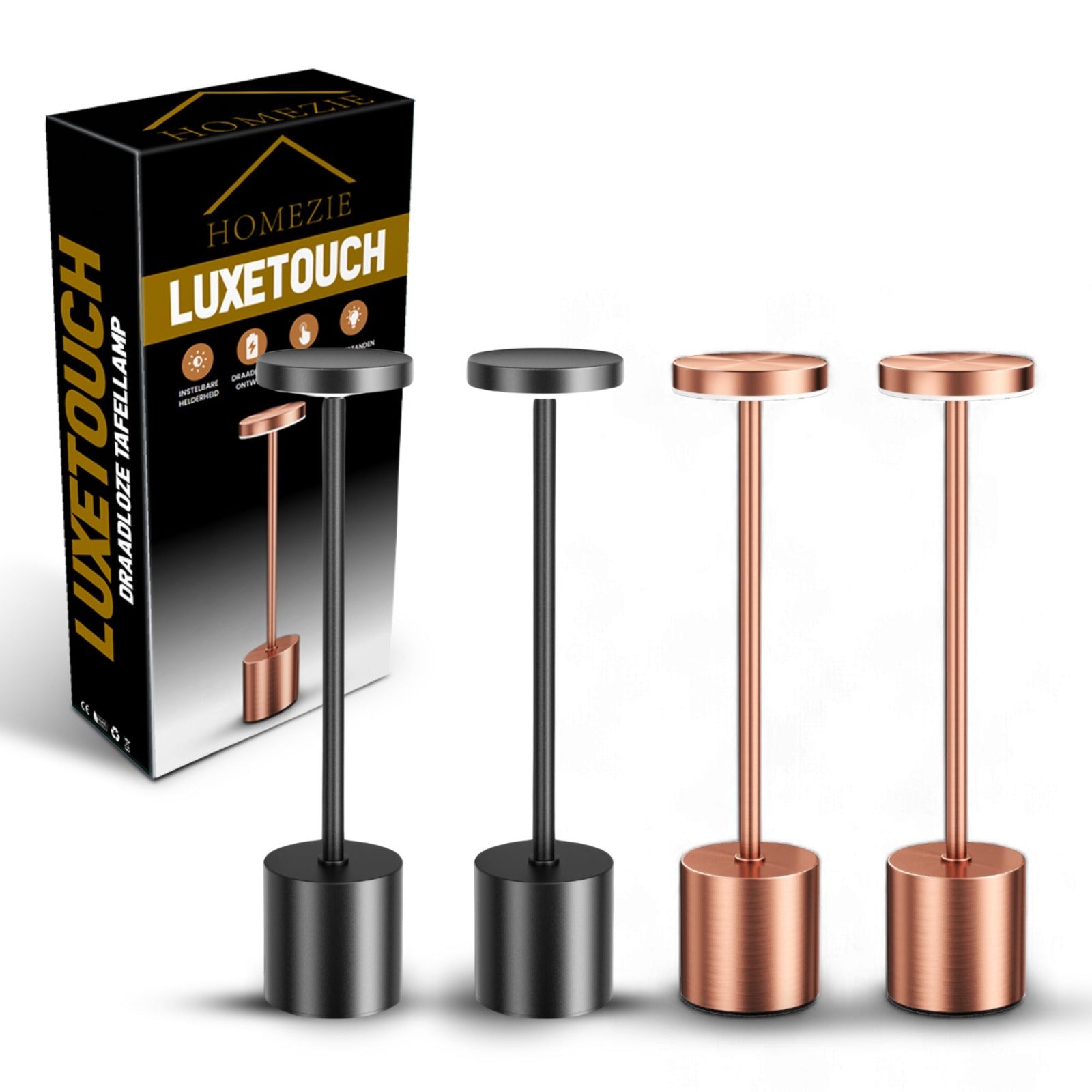 Homezie LuxeTouch | SALE: 1+1 GRATIS | Draadloze Tafellamp | USB-oplaadbaar | Touch Bediening | Eet Tafel Lamp | Sfeerverlichting