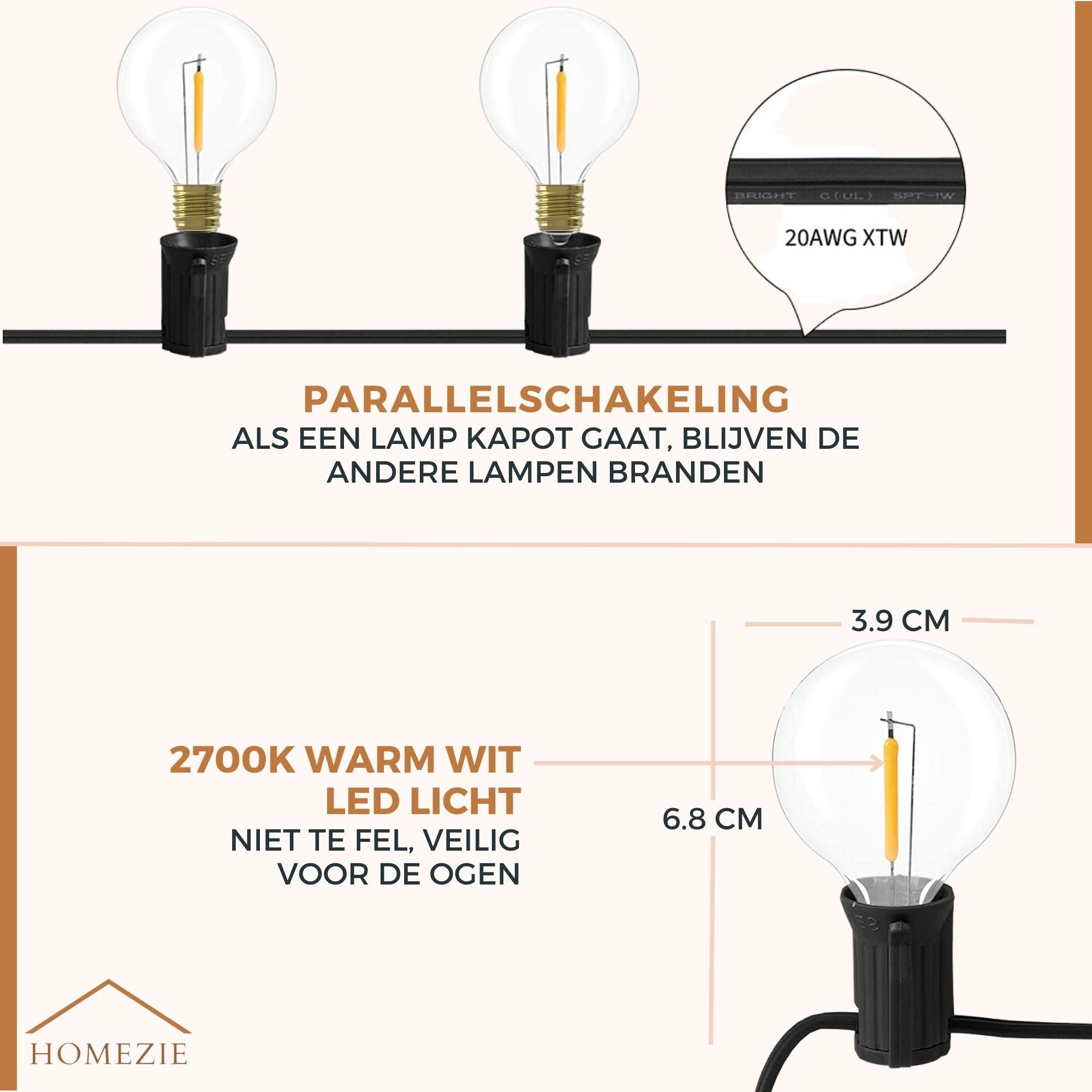 Homezie® Lichtsnoer | Dimbaar & Koppelbaar | Prikkabel Warm Wit | Meerdere lengtes verkrijgbaar