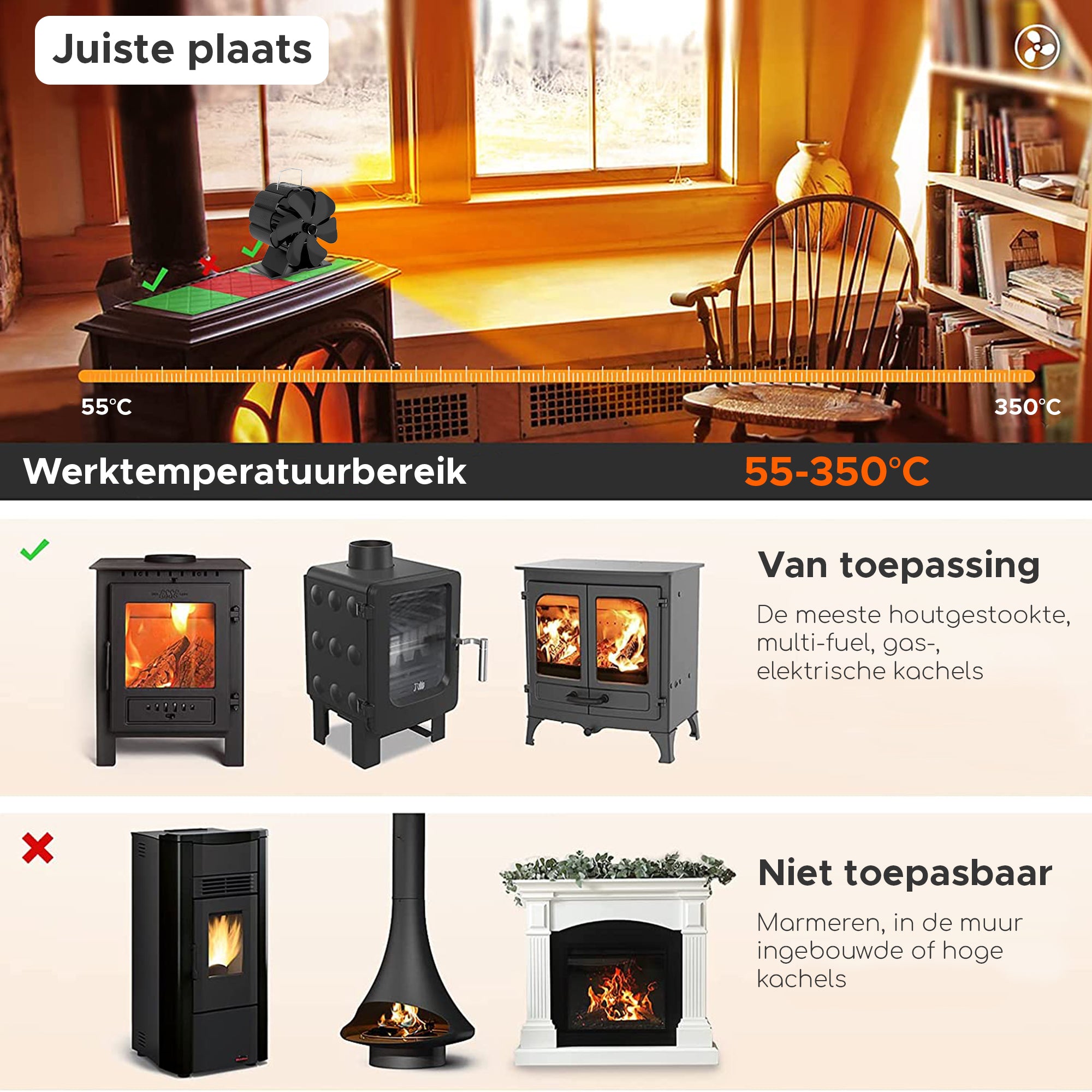 Homezie® Kachelventilator Voor Houtkachel | EARLY SPRING SALE | Inclusief warmteschild en temperatuurmeter | 6 bladen | Kachelventilator | Haardventilator