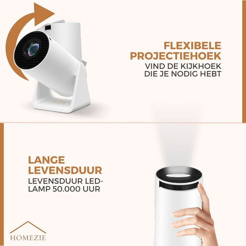 Homezie Beamer® | Vernieuwde tripod | WiFi, HDMI, Bluetooth | 4K support | Android 11 | Projector