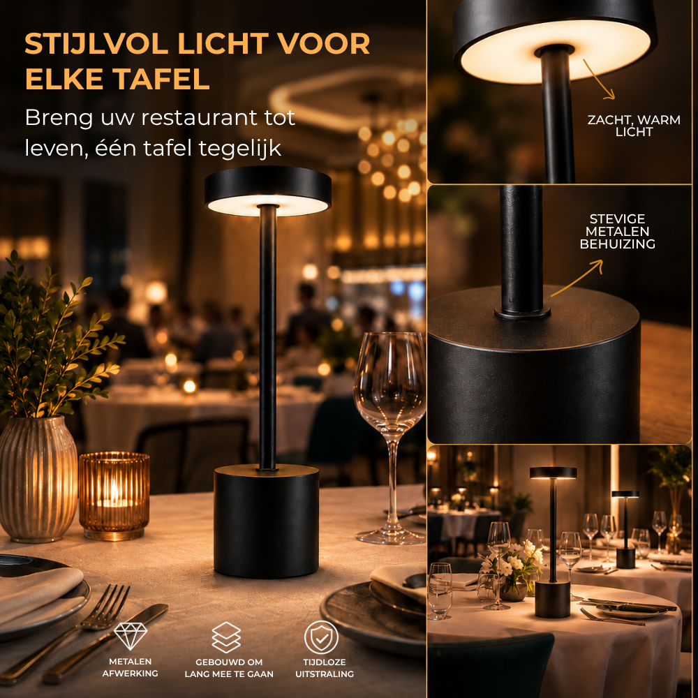 Homezie LuxeTouch | 1 stuk | Draadloze Tafellamp | USB-oplaadbaar | Touch Bediening | Eettafel Lamp | Sfeerverlichting