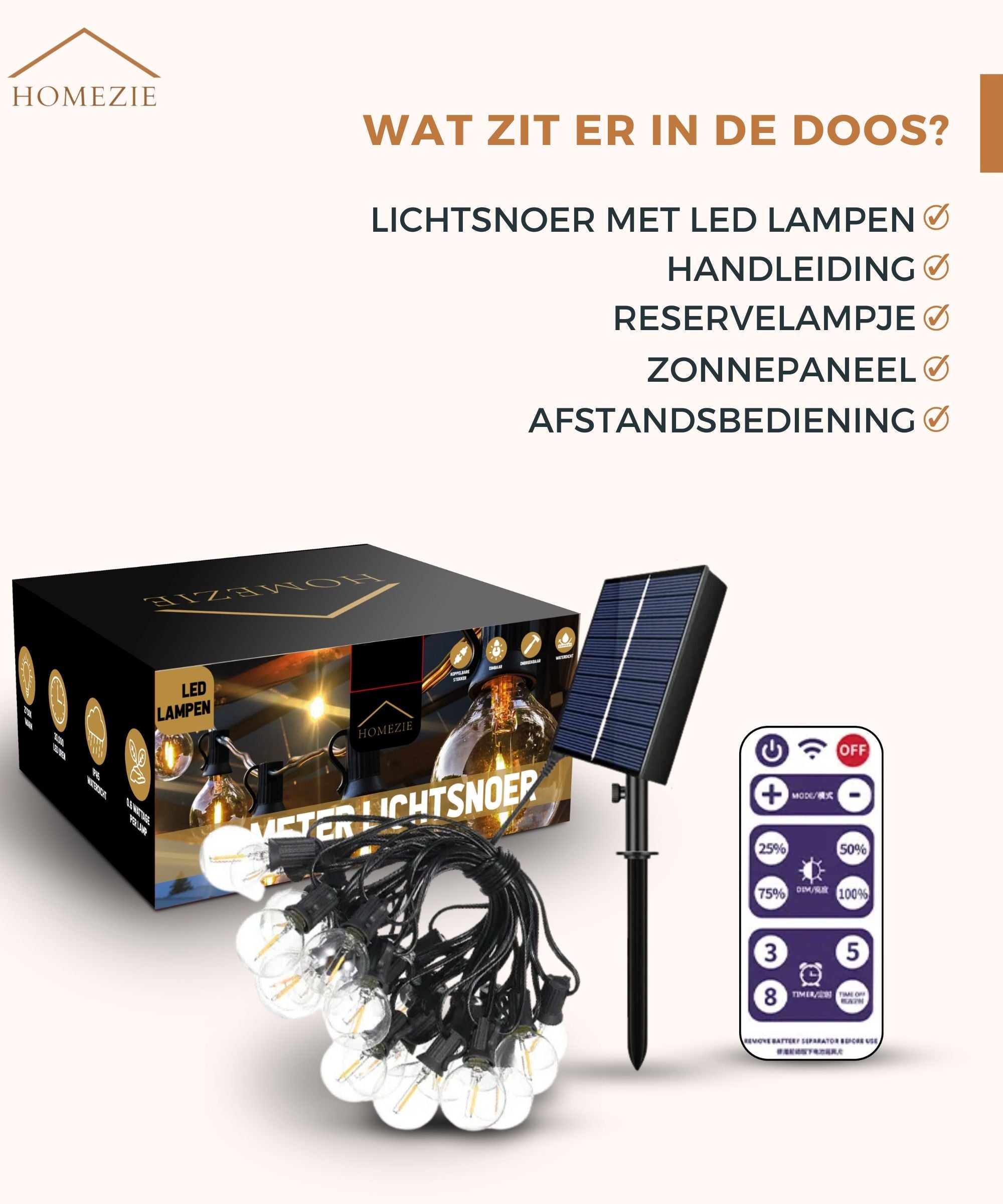 Homezie® Lichtsnoer op zonne-energie | EARLY SPRING SALE | Met afstandsbediening | IP65 waterdicht | G40 LED-lampen | Meerdere lengtes verkrijgbaar