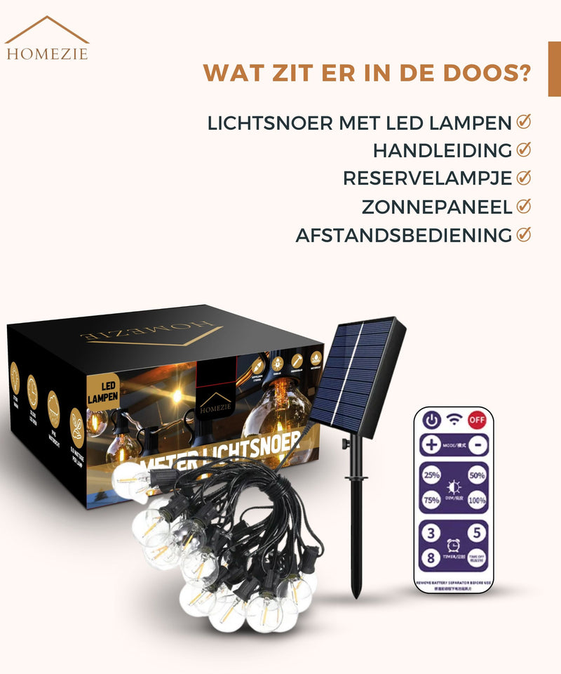 Homezie® Lichtsnoer op zonne-energie | Met afstandsbediening | IP65 waterdicht | G40 LED-lampen | Meerdere lengtes verkrijgbaar