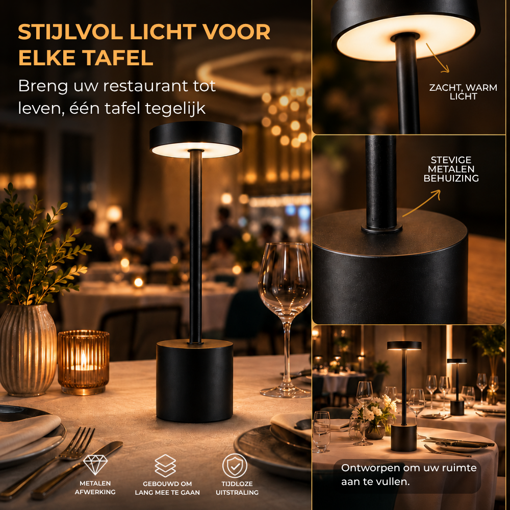 Homezie LuxeTouch | Draadloze Tafellamp | USB-oplaadbaar | Met Touch Bediening | Eet Tafel Lamp | Sfeerverlichting | Roségoud