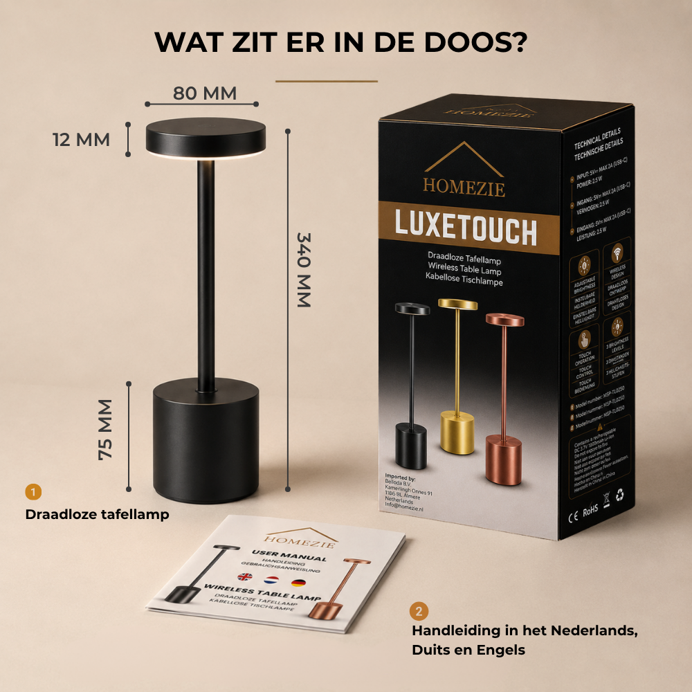 Homezie LuxeTouch | 1 stuk | Draadloze Tafellamp | USB-oplaadbaar | Touch Bediening | Eettafel Lamp | Sfeerverlichting