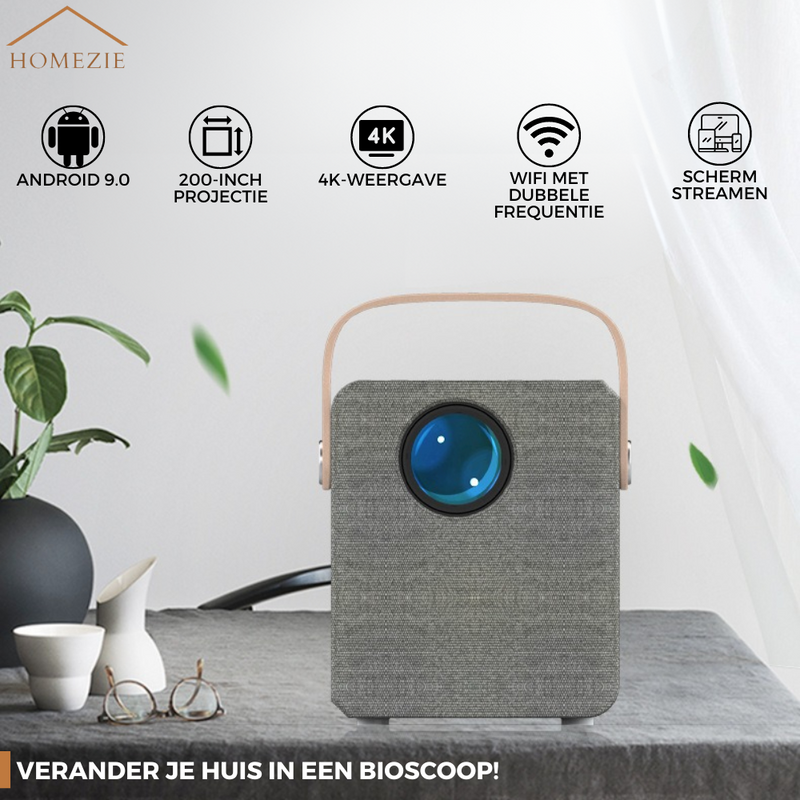 Homezie® Beamer | Met 2 3D brillen, HDMI kabel, AV kabel en standaard | Android 9.0 systeem | 6000 lumen