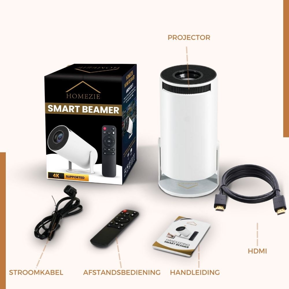Homezie® Beamer | EARLY SPRING SALE | Gratis Lens cover & HDMI kabel | Streamen vanaf je iPhone of Android telefoon | WiFi, HDMI, Bluetooth | 4K support | Projector