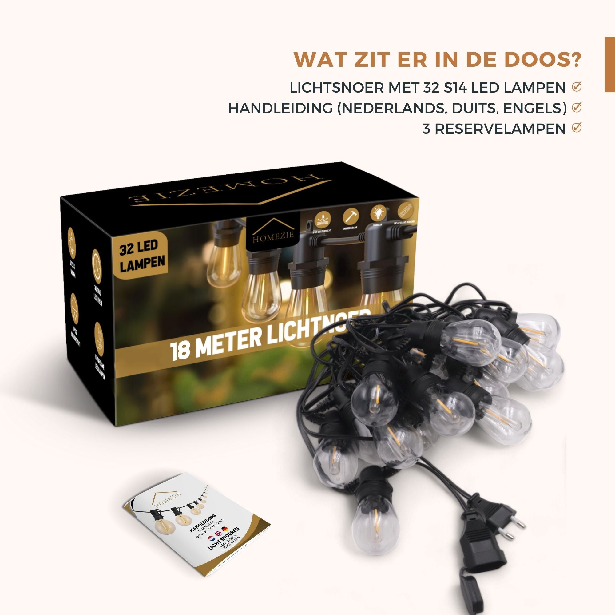 Homezie® Lichtsnoer | IP65 Waterdicht | Kunststof S14 LED lampen | Warm wit | Koppelbaar & Dimbaar | Meerdere lengtes verkrijgbaar