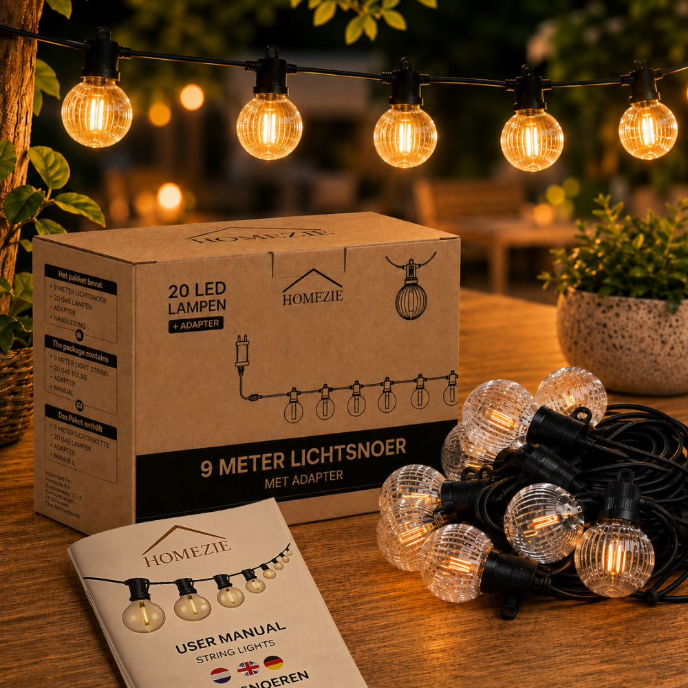 Homezie Lichtsnoer G60 | kunststof LED-lampen | Weerbestendig | Dimbaar | Timer | Lampjesslinger | Tuinverlichting | Lichtsnoer buiten | Prikkabel