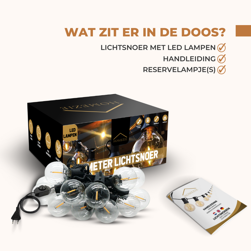 Homezie® Lichtsnoer | Warm wit | G40 LED-lampen | Waterdicht | Dimbaar & Koppelbaar | Buitenverlichting | Meerdere lengtes verkrijgbaar