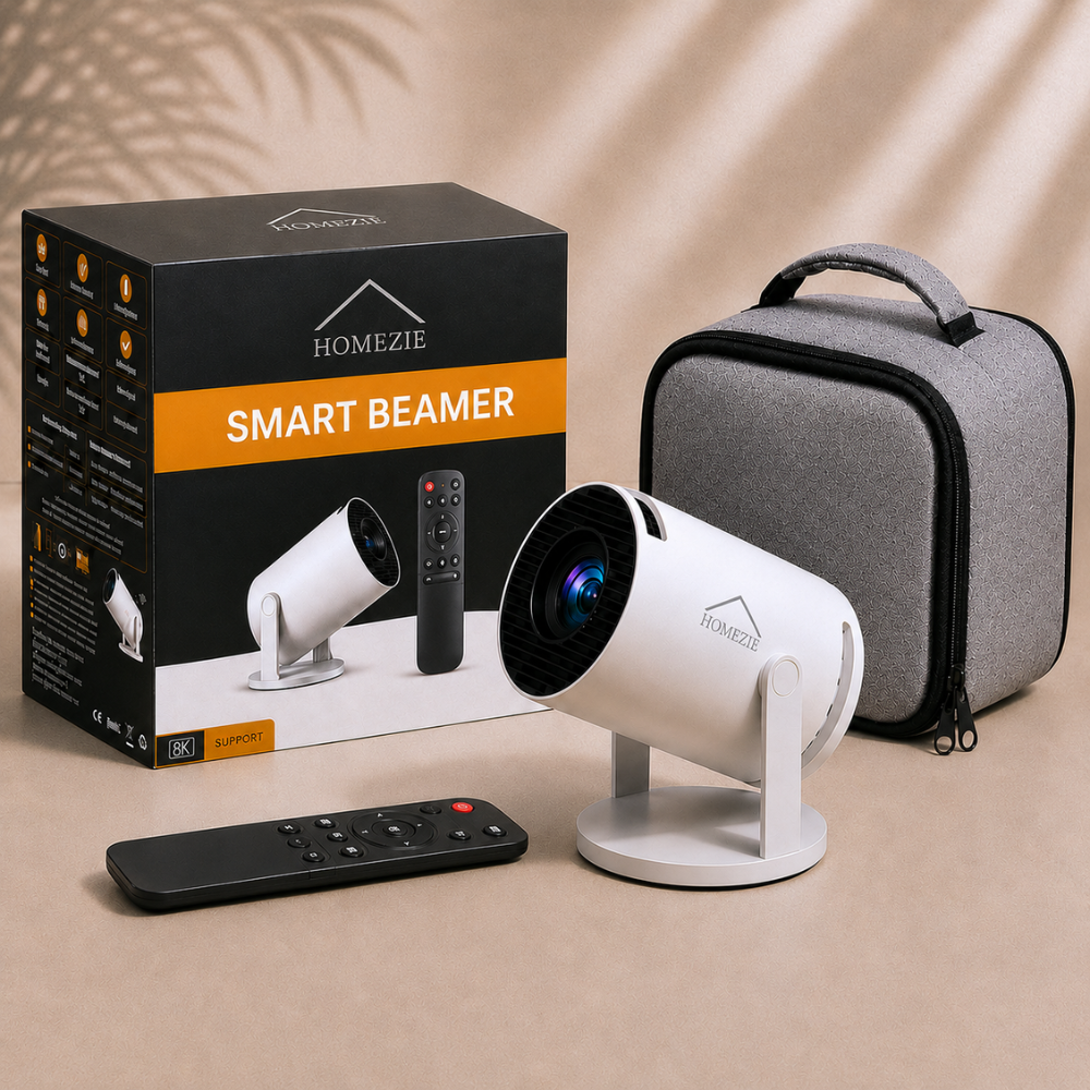 Homezie Beamer | Streamen vanaf je telefoon | 8K steun| 720P | WiFi, HDMI, Bluetooth | Android 14.0 | Inclusief opbergtas | Mini beamer