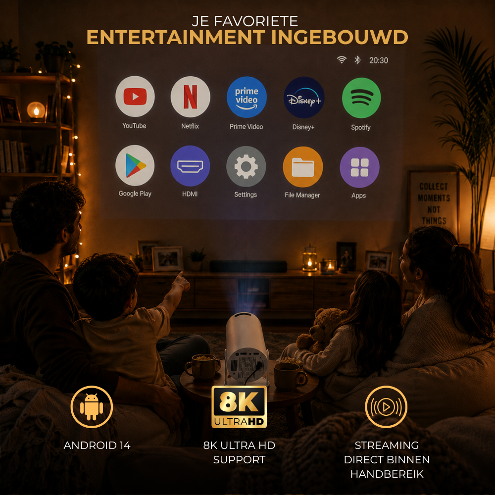 Homezie Beamer | Streamen vanaf je telefoon | 8K steun| 720P | WiFi, HDMI, Bluetooth | Android 14.0 | Inclusief opbergtas | Mini beamer