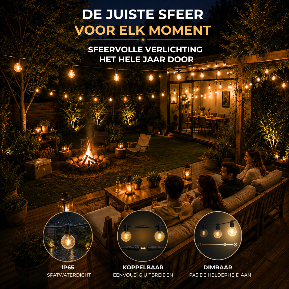 Homezie Lichtsnoer G60 | kunststof LED-lampen | Weerbestendig | Dimbaar | Timer | Lampjesslinger | Tuinverlichting | Lichtsnoer buiten | Prikkabel