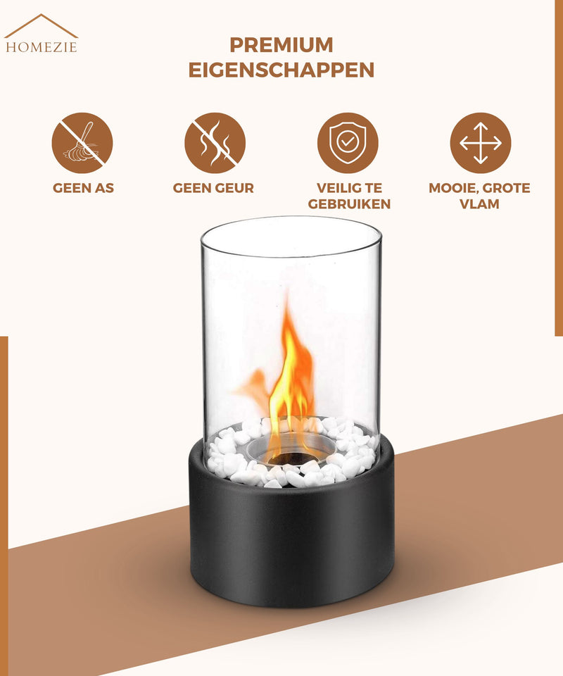 Homezie® Tafelhaard | WINTER SALE | Rond zwart | Voor binnen & buiten | Met vuurdover | Bio ethanol sfeerhaard