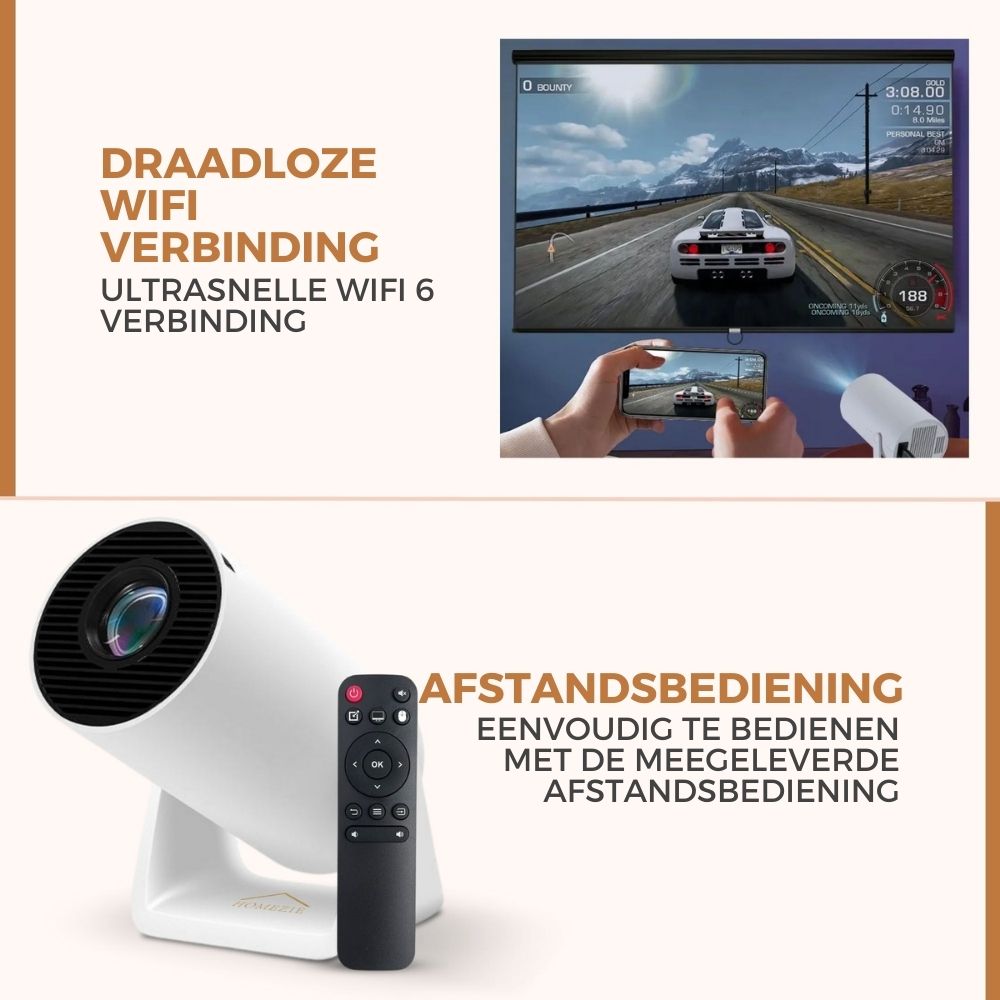 Homezie® Beamer | EARLY SPRING SALE | Gratis Lens cover & HDMI kabel | Streamen vanaf je iPhone of Android telefoon | WiFi, HDMI, Bluetooth | 4K support | Projector