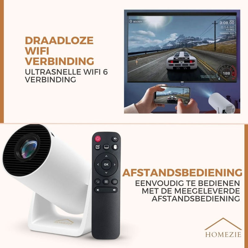 Homezie Beamer® | Vernieuwde tripod | WiFi, HDMI, Bluetooth | 4K support | Android 11 | Projector