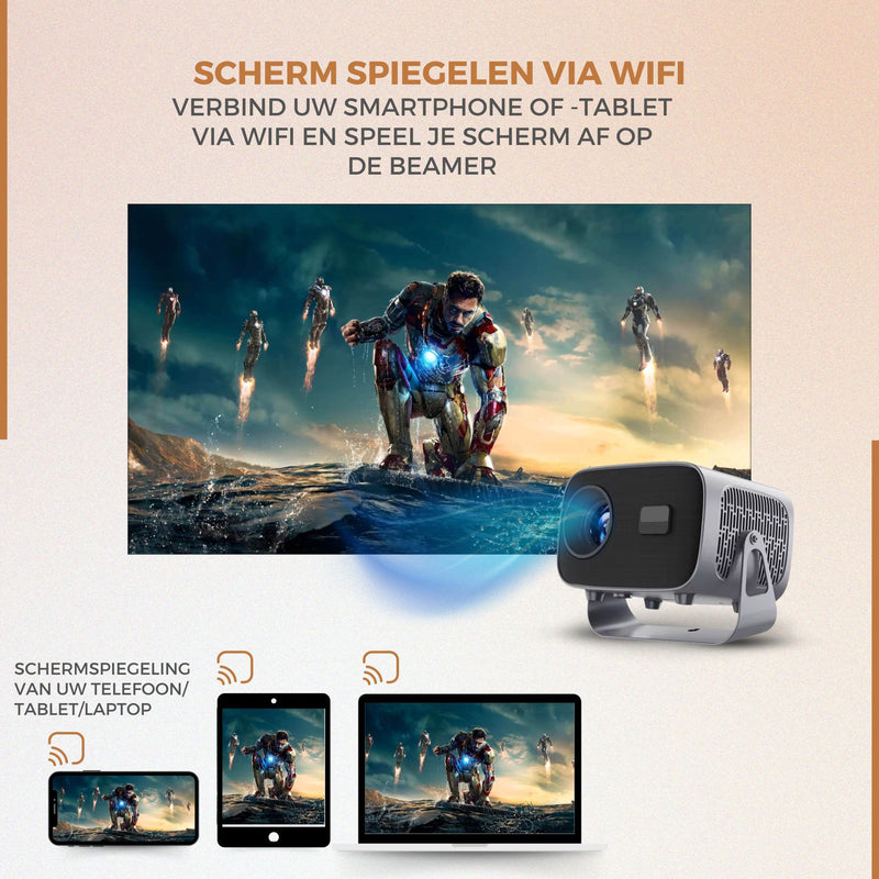 Homezie Beamer | Inclusief HDMI kabel & Afstandsbediening | Scherm Spiegelen vanaf iPhone & Android | Keystone correctie | 4K support | Android 11 | Projector