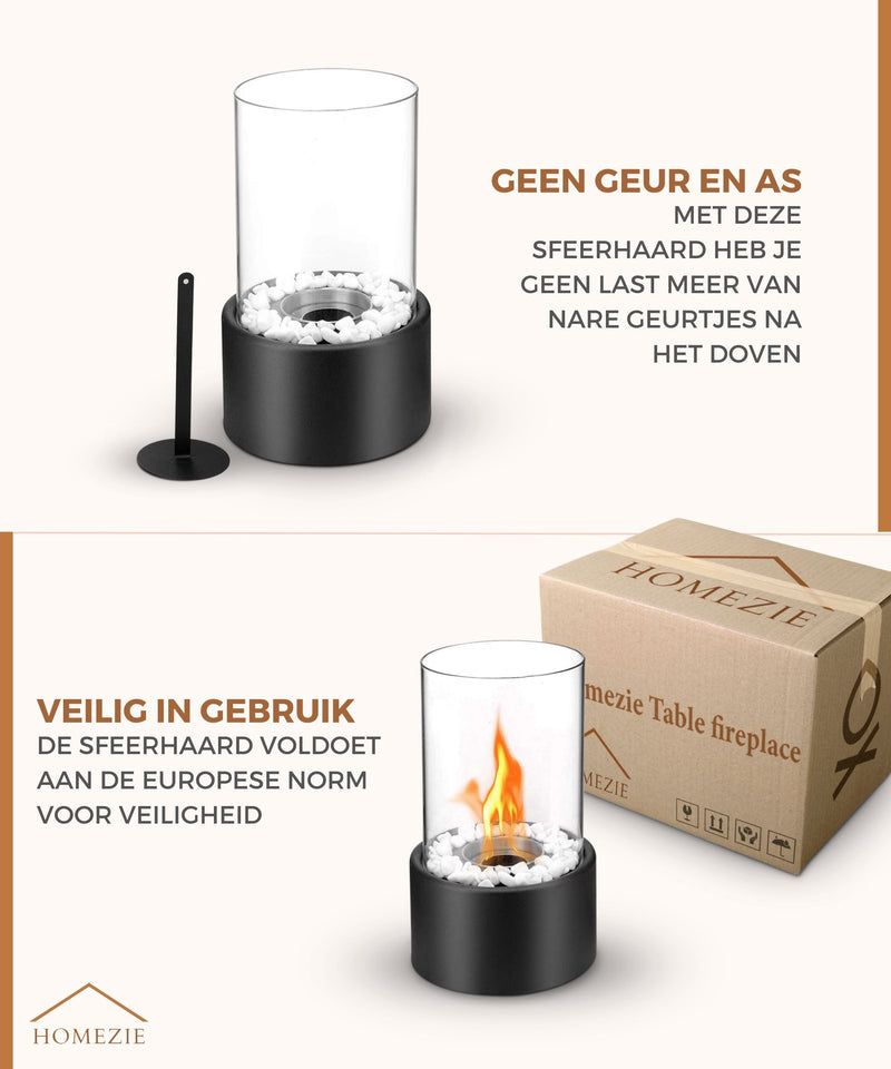 Homezie® Tafelhaard | WINTER SALE | Rond zwart | Voor binnen & buiten | Met vuurdover | Bio ethanol sfeerhaard