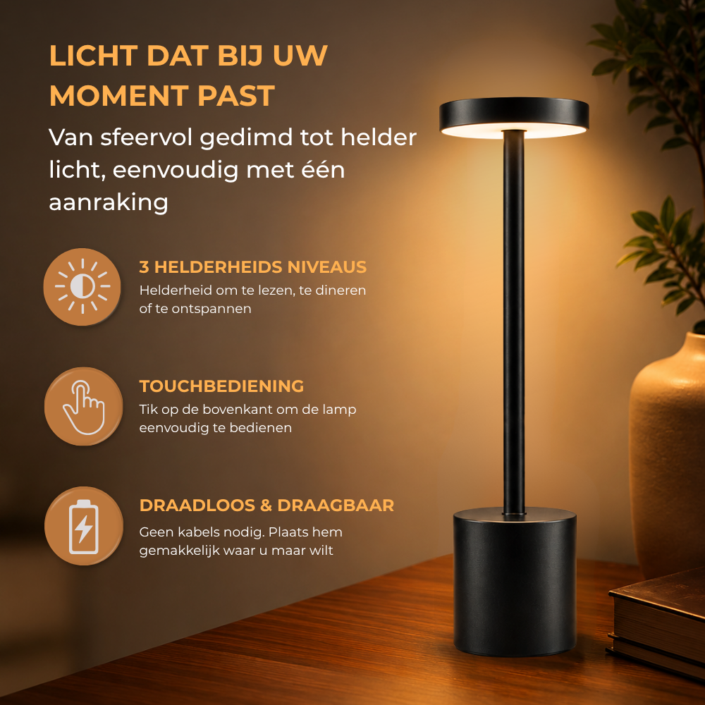 Homezie LuxeTouch | 1 stuk | Draadloze Tafellamp | USB-oplaadbaar | Touch Bediening | Eettafel Lamp | Sfeerverlichting