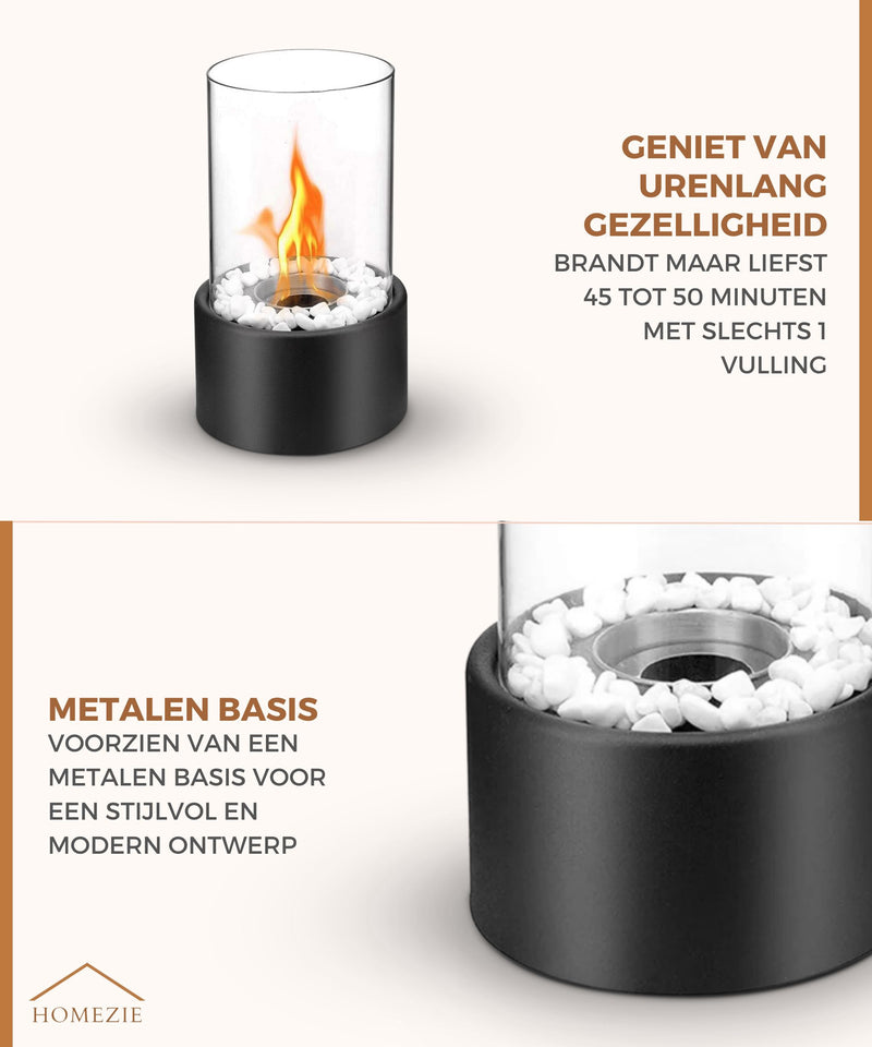 Homezie® Tafelhaard | WINTER SALE | Rond zwart | Voor binnen & buiten | Met vuurdover | Bio ethanol sfeerhaard