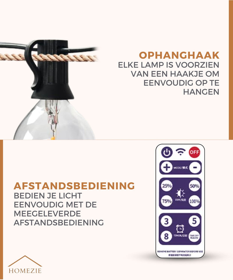 Homezie® Lichtsnoer op zonne-energie | Met afstandsbediening | IP65 waterdicht | G40 LED-lampen | Meerdere lengtes verkrijgbaar