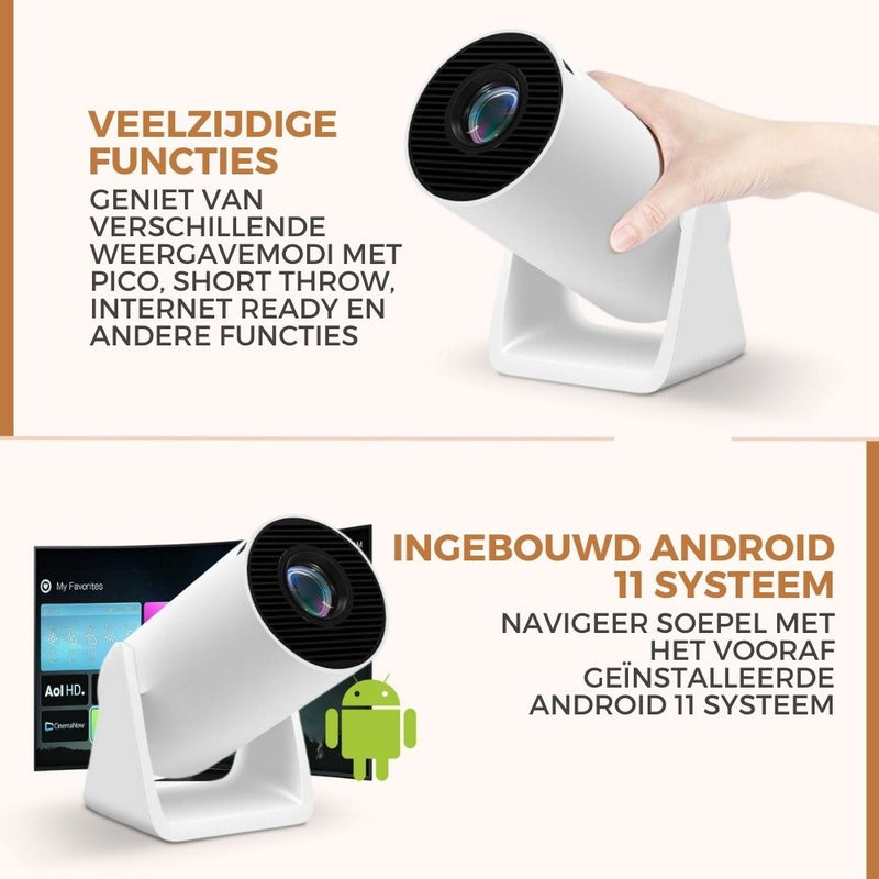 Homezie® Beamer | WiFi, HDMI, Bluetooth | 4K support | Android 11 ingebouwd | Projector