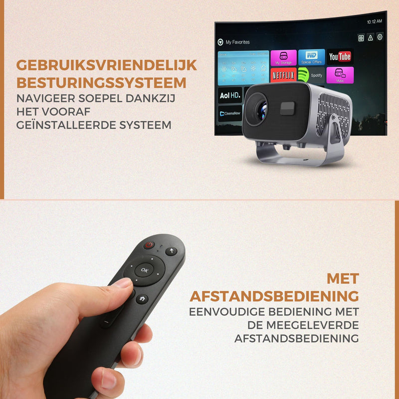 Homezie Beamer | Inclusief HDMI kabel & Afstandsbediening | Scherm Spiegelen vanaf iPhone & Android | Keystone correctie | 4K support | Android 11 | Projector