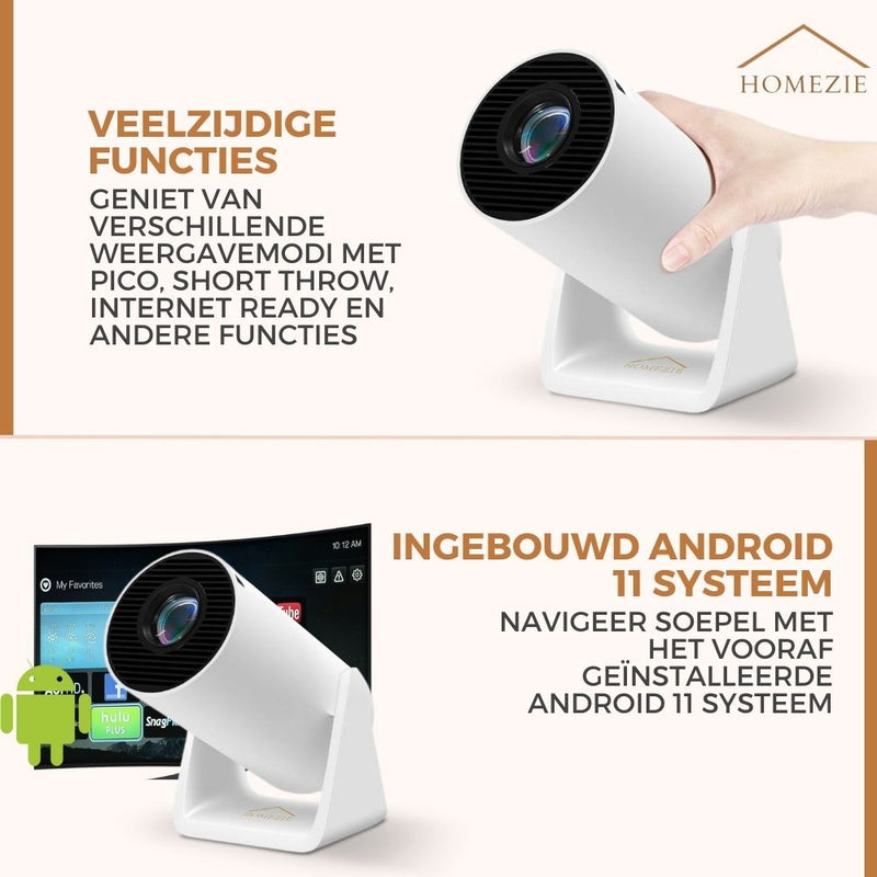 Homezie Beamer® | Vernieuwde tripod | WiFi, HDMI, Bluetooth | 4K support | Android 11 | Projector