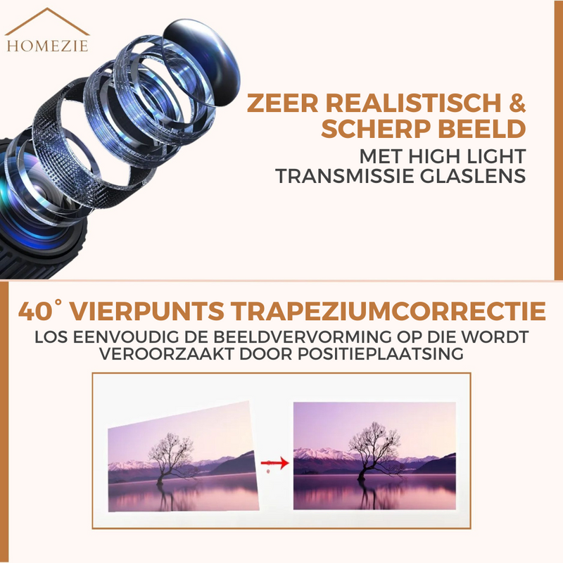 Homezie® Beamer | Met 2 3D brillen, HDMI kabel, AV kabel en standaard | Android 9.0 systeem | 6000 lumen