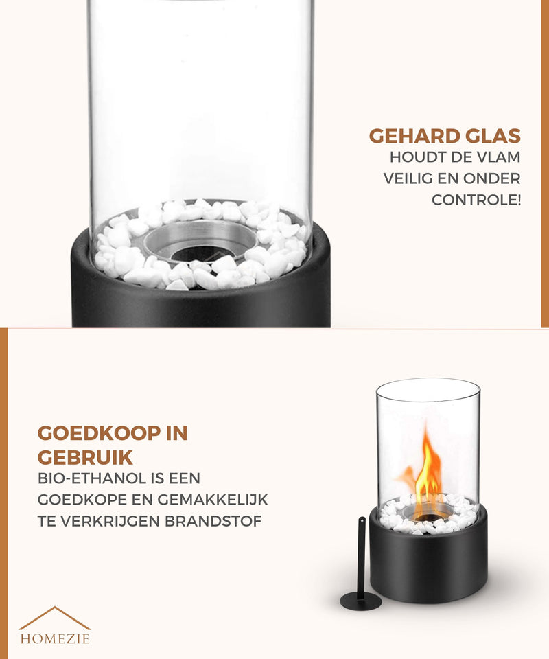 Homezie® Tafelhaard | WINTER SALE | Rond zwart | Voor binnen & buiten | Met vuurdover | Bio ethanol sfeerhaard