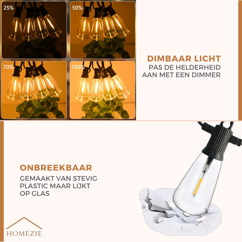 Homezie Lichtsnoer 15 meter met 25 grote LED bulbs | IP44 Spatwaterdicht | Warm wit | Koppelbaar & Dimbaar