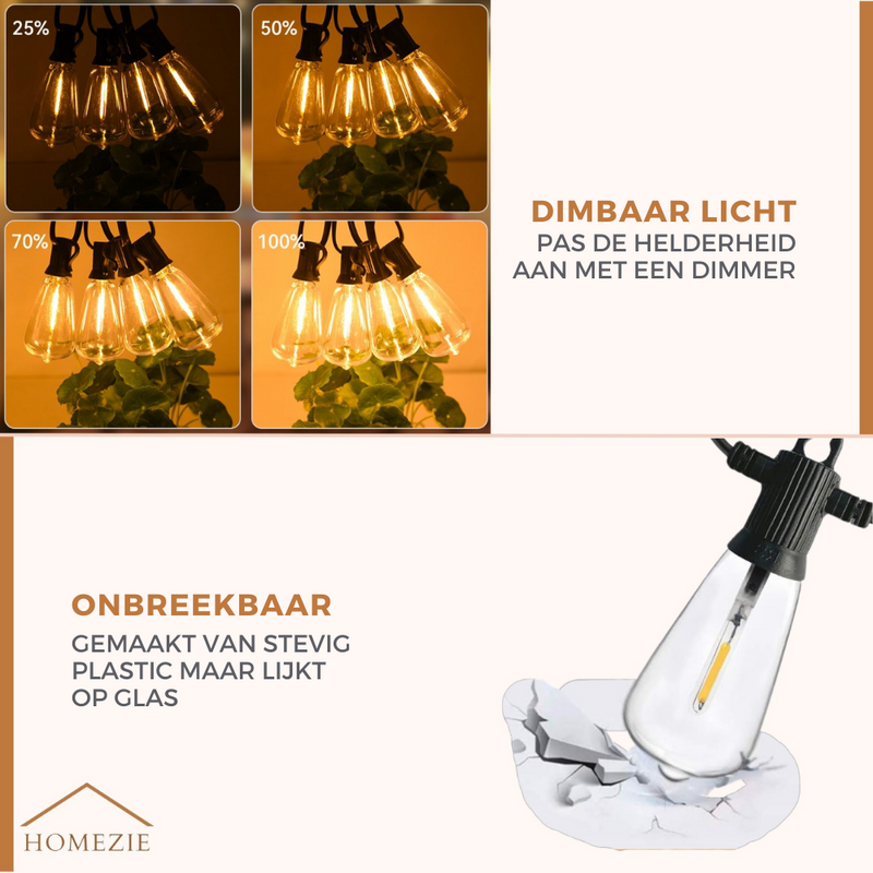 Homezie Lichtsnoer 15 meter met 25 grote LED bulbs | IP45 Waterdicht | Warm wit | Koppelbaar & Dimbaar