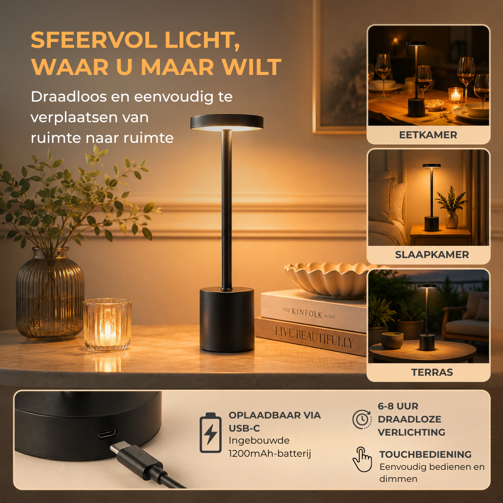 Homezie LuxeTouch | 1 stuk | Draadloze Tafellamp | USB-oplaadbaar | Touch Bediening | Eettafel Lamp | Sfeerverlichting