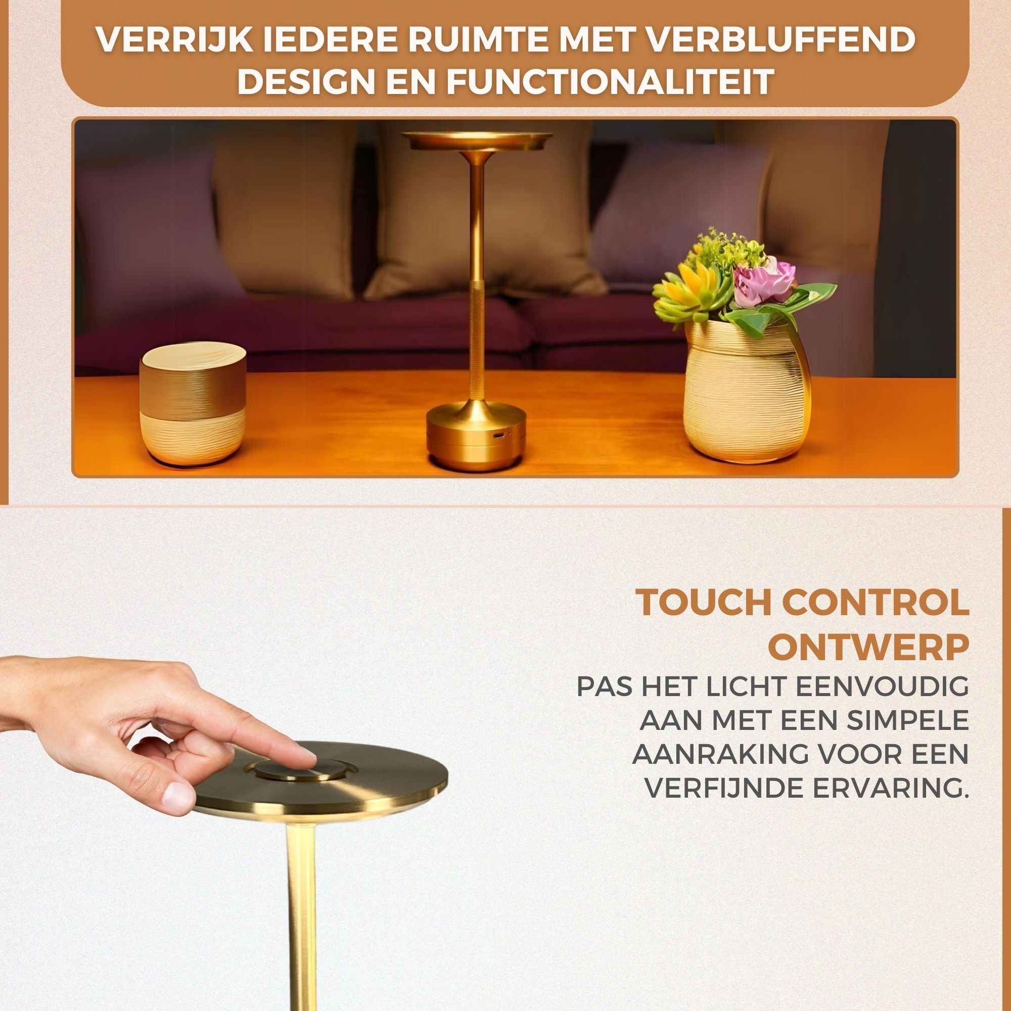 Homezie ElegantGlow | Tafellamp | Touch control | Verstelbare Helderheid | Oplaadbaar via USB-C