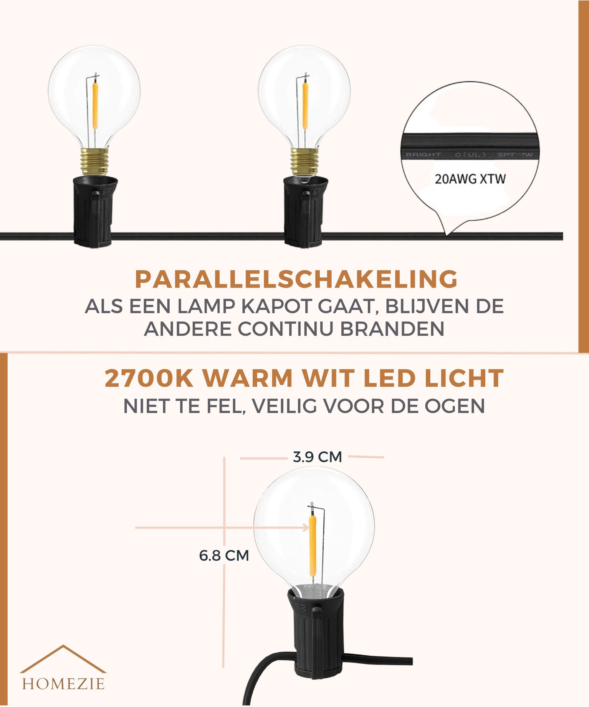 Homezie® Lichtsnoer op zonne-energie | EARLY SPRING SALE | Met afstandsbediening | IP65 waterdicht | G40 LED-lampen | Meerdere lengtes verkrijgbaar