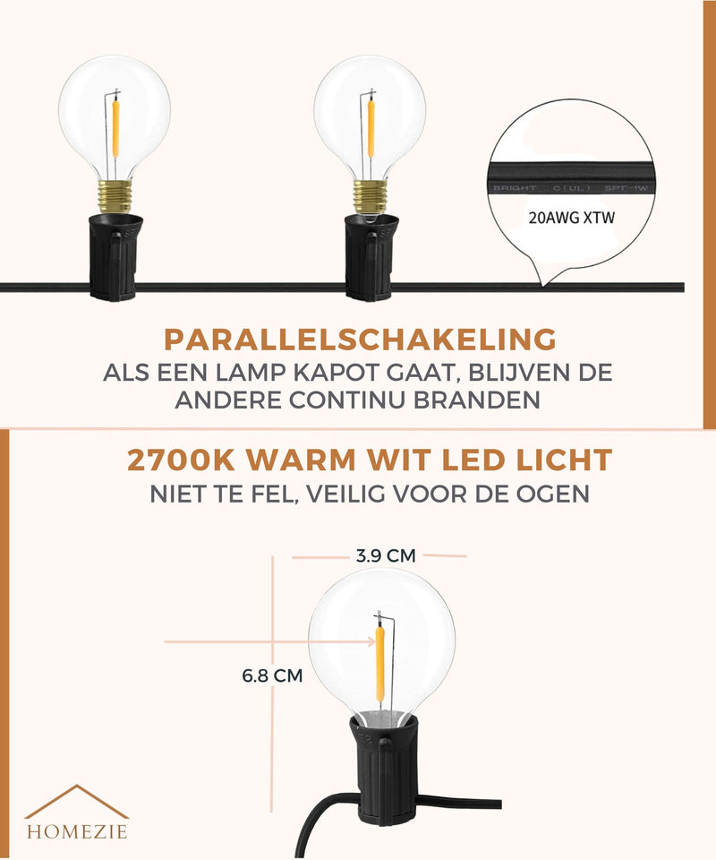 Homezie® Lichtsnoer op zonne-energie | Met afstandsbediening | IP65 waterdicht | G40 LED-lampen | Meerdere lengtes verkrijgbaar