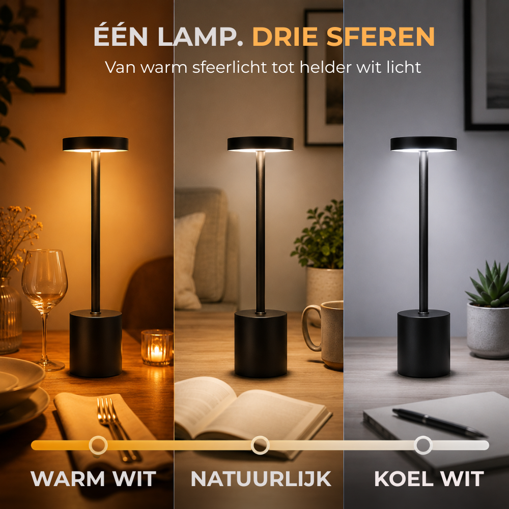 Homezie LuxeTouch | 1 stuk | Draadloze Tafellamp | USB-oplaadbaar | Touch Bediening | Eettafel Lamp | Sfeerverlichting