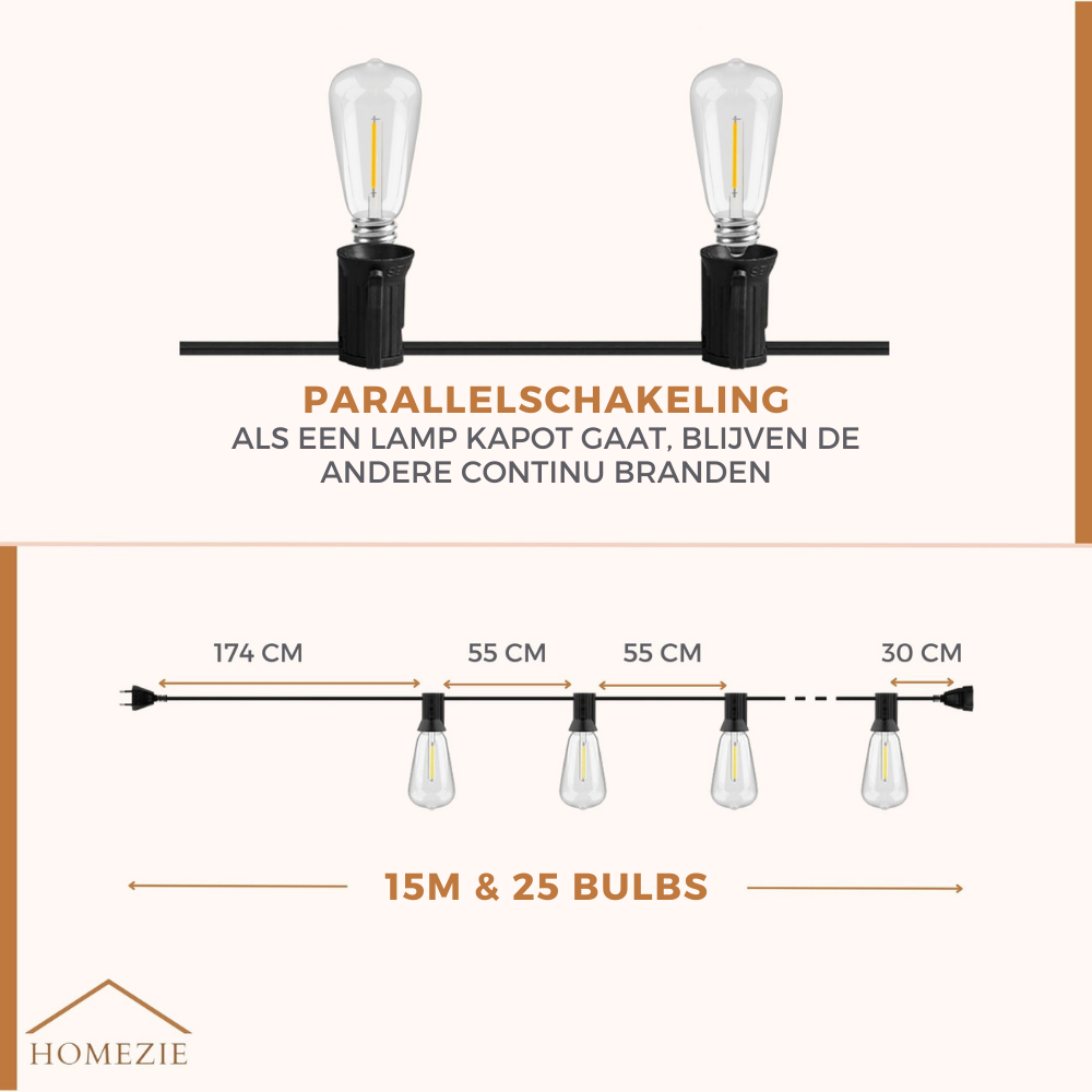 Homezie Lichtsnoer 15 meter met 25 grote LED bulbs | IP44 Spatwaterdicht | Warm wit | Koppelbaar & Dimbaar